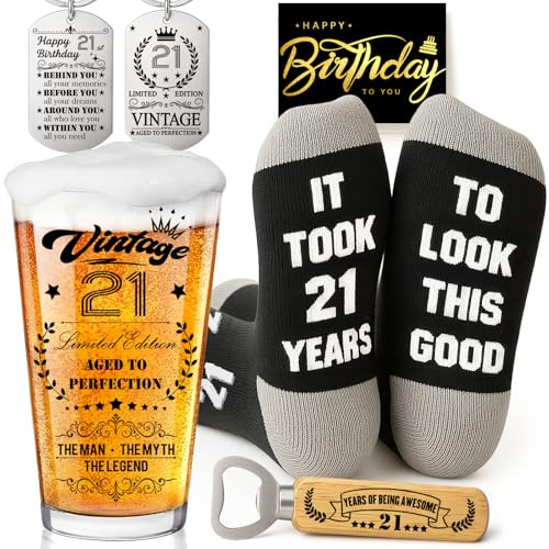 Joybble 21st Birthday Gifts for Boys, Birthday Decorations Vintage 21st Beer Glass Set for Boys, 16oz Personalised Gift Beer Glasses Gift Ideas, Funny Socks & Keychain & Bottle Opener for Him