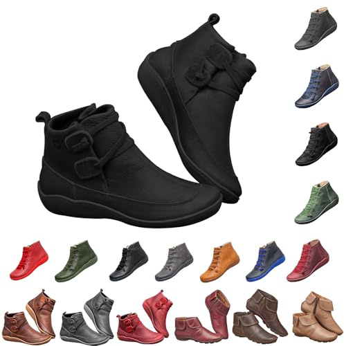 Générique Bottine Femme Cuir OrthopéDique Chaussures Femme Bottines Confortable AntidéRapant Chaussures Cuir Souple Vintage Flat Lacets Courtes Bottes Automne Hiver