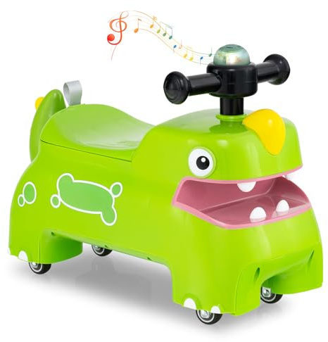 DREAMADE Rutschauto, Dinosaurier Rutschfahrzeug mit Hupe, Musik, Lichtern, Stauraum unter dem Sitz & 4 Universalrollen, Bodenschieber Rutscher Kinderauto für Jungen und Mädchen ab 18 Monaten (Grün)