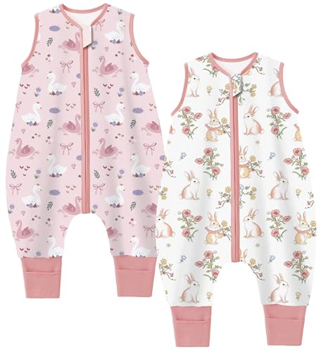 Chilsuessy 2er Pack Baby Schlafsack mit Füße 1.5 Tog Ganzjahres Schlafsack Baby Schlafsäcke Babyschlafsack mit Beinen für Säugling Kinder, 1.5 Tog/Süße Kaninchen + Schwan, 90cm/Baby Höhe 100-110cm