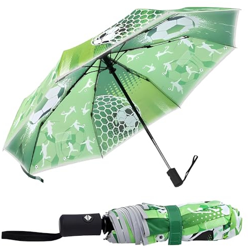Fiotha Kinder Regenschirm, 21 Regenschirm Kinder Automatik mit Fußball Motiv & Reflektorband, FussballRegenschirm Taschenschirm für Schulranzen, Einschulungsgeschenke