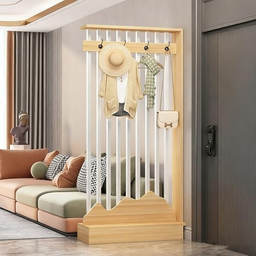 Biombo separador de pared de madera con perchero – Separador de entrada moderno independiente, divisores decorativos de lamas de madera, separación de espacios(Light Walnut+White,68cm/26.8in)