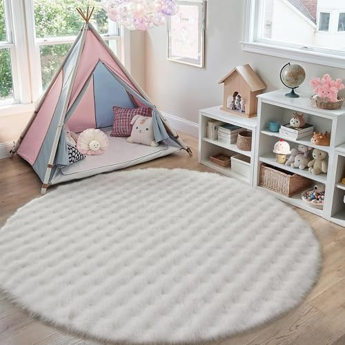 PureCozy Teppich Rund 180cm Weiß Waschbarer rutschfest Weich Kunstfell Fellteppich Kurzflor Flauschiger Teppiche Kinderzimmer Bettvorleger Schlafzimmer Kinderteppich Runder Carpet