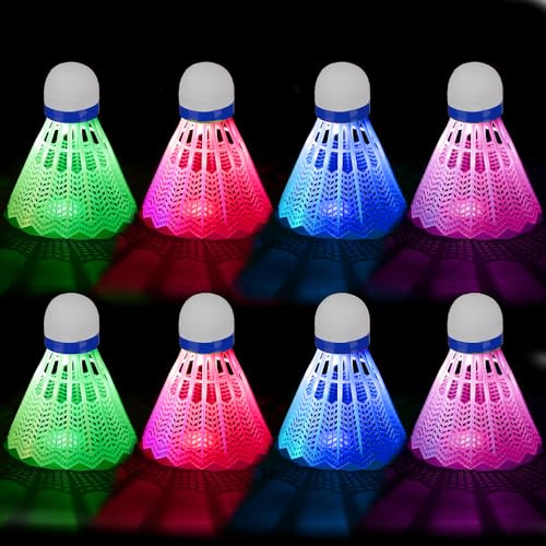 LED Badminton Bälle, 8 Stück LED Federball, 4 Farben LED Nylon Sport Badminton, Leuchtende Federbälle für Nacht, Badmintons Federbälle für Kinder&Erwachsene, Indoor und Outdoor Sportaktivitäten