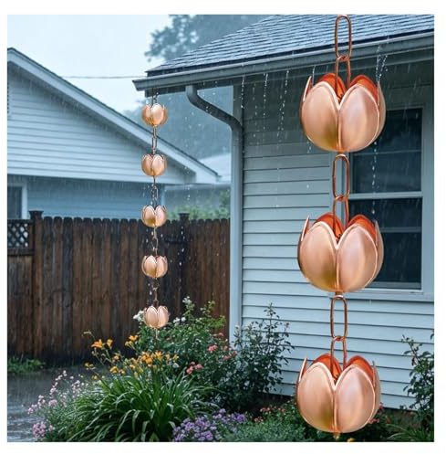WDJBPSH Regenketten Kupferne Blumen-Regenkette, Japanischer Wasserablauf für Dachrinne, Hängender Regenfänger als Ersatz(Style C,1.5m/4.9ft)