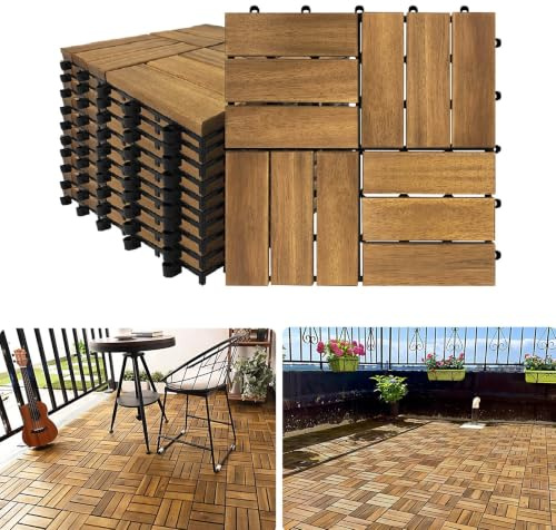YEATHOR Acacia Wood Decking Tiles 30x30cm Garden Flooring Interlocking Deck Floor Tiles with Click System & Drainage Base Solid Anti-Slip for Patio Balcony Terrace Poolside