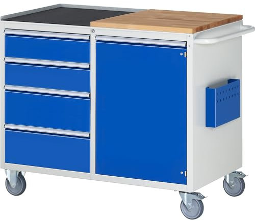 RAU | Kompaktwerkbänke | fahrbar | 4 Schubladen | 1 Tür | Arbeitsfläche Holz/Metall | lichtgrau/enzianblau