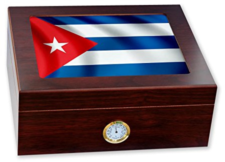 ExpressItBest Premium Desktop Humidor - Glass Top - Flag of Cuba (Cuban) - Waves Design - Cedar lined with humidifier & front mounted hygrometer.