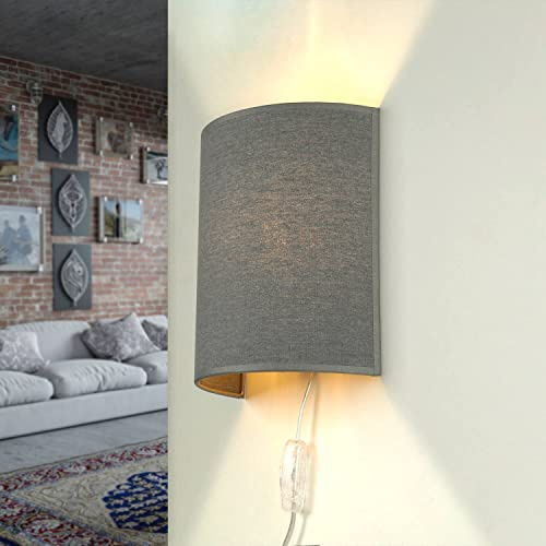 Licht-Erlebnisse Kleine Wandlampe E27 Stoff, Grau, Up Down Wandleuchte Schlafzimmer Flur Innen, B:21 cm, halbrunde Wandbeleuchtung, Landhaus, blendarm, Wandlampe Innen für Treppenhaus