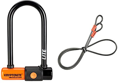 Kryptonite Evolution LITE Mini-6 (7x15, 2cm) Fahrradschloss, Orange, 7 x 15,2 cm & Schlaufenkabel Krypto Flex 120 cm, ⌀10 mm, grau