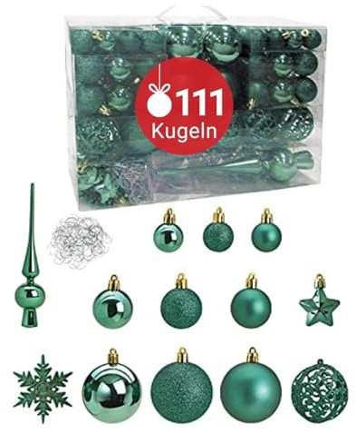 WOMA Christbaumkugeln Set Grün & 19 weiteren Farben - 111er Weihnachtskugeln Set inkl. Metallhaken - Weihnachtskugeln Kunststoff - Weihnachtsbaum Deko & Christbaumschmuck