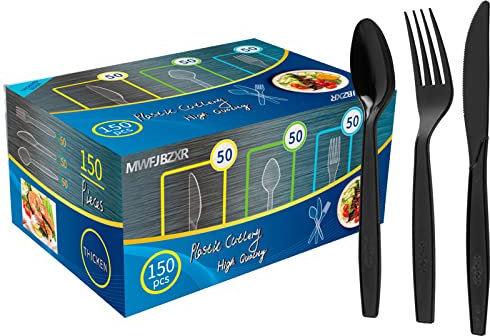 150 Couverts en Plastique Reutilisable,BPA-Freie,Passé le Test de Sécurité Alimentaire LFGB,50 Fourchettes,Couteaux,Cuillères,Ldéal Pour les Vacances,Réunion de Famille,Camping Sauvage