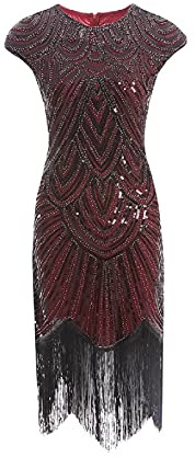 MIMIKRY 20er Jahre Charleston Pailletten Kleid Rot/Schwarz mit Fransen Flapper Damen-Kostüm