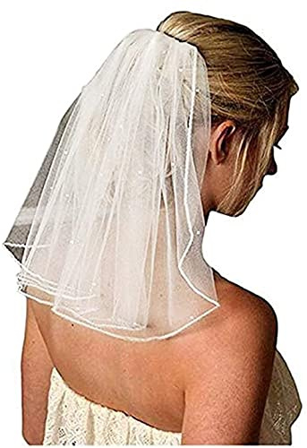 CICILIAYA Brautschleier Kurz, Elegante Perlenschleier Mit Kamm für Hochzeit, JGA, Junggesellinnenabschied - Tüll Hochzeitsschleier Zubehör (Ivory)