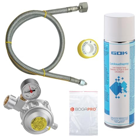 BOGAPRO GOK Herd Anschluss Set Pro, mit Kontrollmanometer, Absperreinrichtung, 150 cm Gasschlauch und Teflonband, 30 mBar Betriebsdruck, inkl. Lecksuchspray und Polybeutel