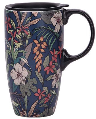 Topadorn Ceramic Mug with Lid and Handle Tall Coffee Cup for Home 17oz.Dark Blue