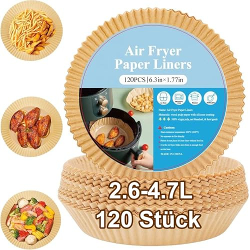 Backpapier für heißluftfritteuse1,8-3,8 L,16cm 120 Stück Airfryer Backpapier Rund Antihaft Wasserdicht Ölfest Einwegschalen Luftfritteuse Pergamentpapier Liner für Heißluftfritteuse Ofen Mikrowelle