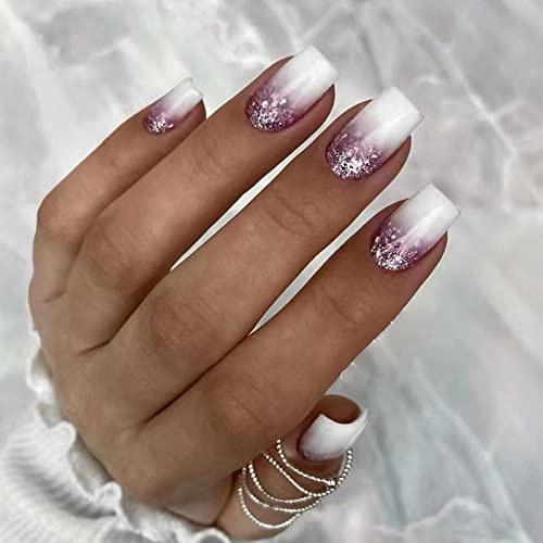 24pcs Short Square False Nails - White, Glitter, Purple - Stick on, Press on, Removable Glue-on - Fake Nails for Women & Girls - Nail Art Accessories