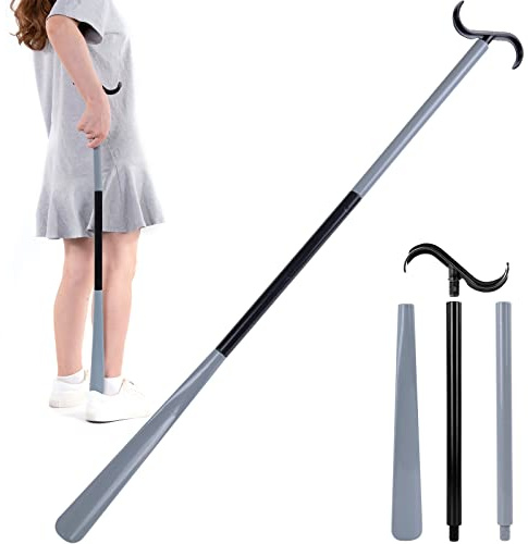 35 Long Dressing Stick with Shoe Horn with Sock Removal Tool, Adjustable Extended Dressing Aids for Shoes, Socks, Shirts and Pants Grey and Black