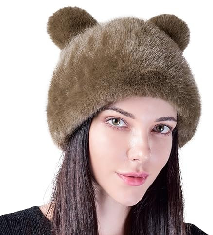 Wintermütze Damen mit Bärenohren Kunstfellmütze Mädchen Plüsch Thermo Mütze Warm Flauschig Winterhut Winddicht Niedlich Damenmütze Leicht Plüschmütze für Radfahren Motorrad Wandern Skifahren Braun