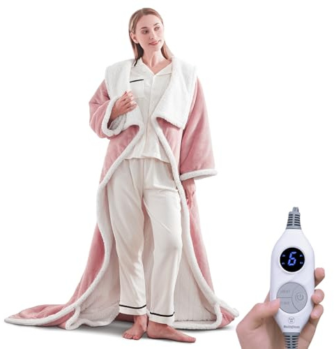 Westinghouse Electric Snuggle Throw Blankets with Foot Pocket, Wearable Heated Blanket with Sleeves, 6 Heating Levels & 2 to 10 Hours Heating Time Settings, 50 * 70+18, Pink