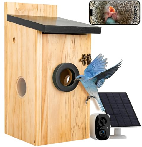Smart Bird Box with Camera,2K HD Bird House with Camera Solar Powered,Wireless Nesting Box with Night Vision,2.4G WiFi,App Controlled,IP65 Weatherproof,Bird Watching for Birds Enthusiasts