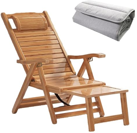 SCGSJZH Fauteuil Inclinable Pliant Chaise Longue en Bois, Chaise Inclinable Réglable sur 5 Positions, Transat de Jardin avec Repose-Pieds pour Balcon Terrasse, avec Coussin