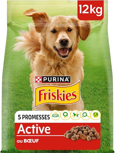 FRISKIES | Active | Chien | Croquettes pour Chiens Adultes | au Boeuf | Aide à Maintenir Un Niveau d'énergie élevé | Sac | 12 KG