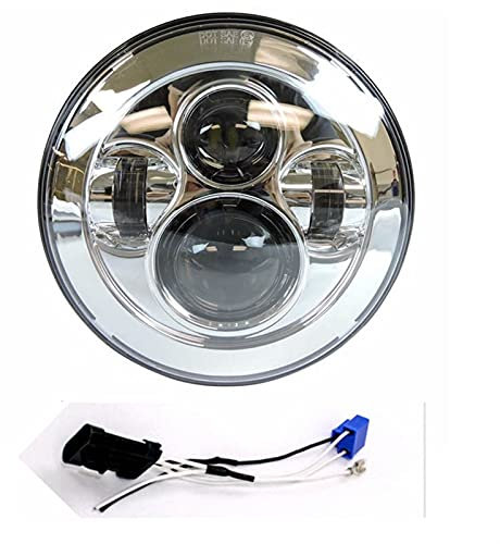 AYKANING Motorrad Hauptscheinwerfer,Motorrad Scheinwerfer Runde 7 Motorrad Schwarzer Projektor Motor HID Glühbirne Scheinwerfer(Color:Chrome Led and Wire)
