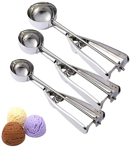 Ice Cream Scoop Stainless Steel with Trigger, Premium Ice Cream Spoons for Ice Cream, Cookie Dough, Pack of 3, 6cm, for Baking, Meatballs, Fruit (6CM)