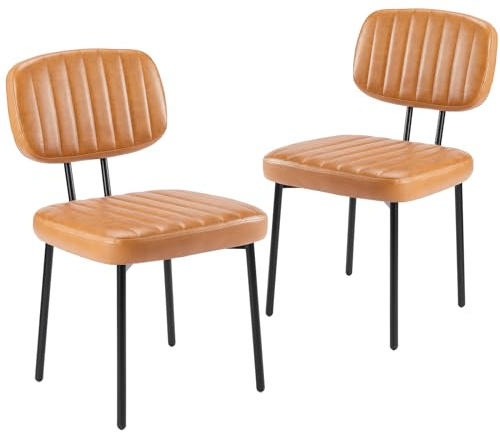 Sweetcrispy Dining Chairs Set of 2, Upholstered Mid Century Modern Kitchen Accent Chairs with Faux Leather Cushion Seat & Metal Legs for Home Office, Living Room - Brown