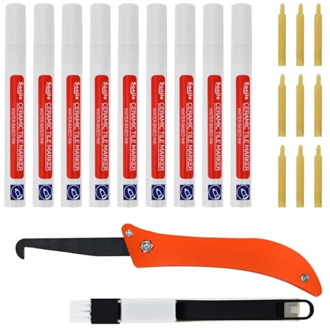 VINEST 9 Stück Fugenstift Weiß, Fugenfarbe Weiß mit Ersatzspitze, Fugenweiß mit Hakenmesser und Bürste, Fugenweiss Bad Wasserfest für Fliesen Wand Boden von Fliese Badezimmer und Küche