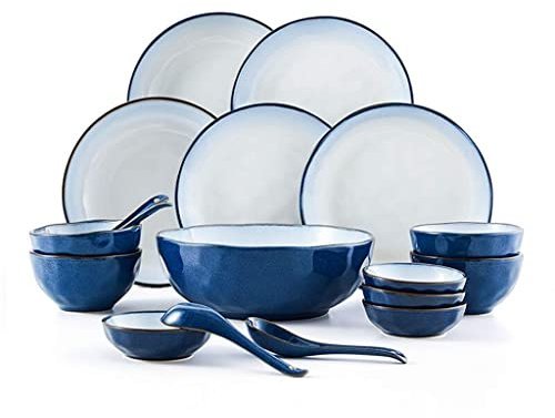 BODHIS Juego de vajilla de cerámica de 18 Piezas, Juego de vajilla con Cuenco y Cuchara, Juego Combinado de Porcelana Azul de la Serie Lotus