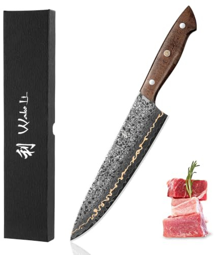 Wakoli Kawa Chefmesser 20 cm, 67 Lagen Damaststahl mit VG-10 Stahlkern | Kupfereinlage, Full Tang, Griff aus dunklem Ahornwurzelholz mit Mosaik-Pin, 15° V-Schliff beidseitig, 60 ± 2 HRC, Geschenkbox