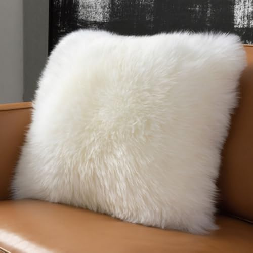 Lamb Fur Cushion Covers，Luxury Genuine Sheepskin Fur cushion one sided, Decorative Pillow Shell for Sofa Bedroom，18 x 18 inches, White