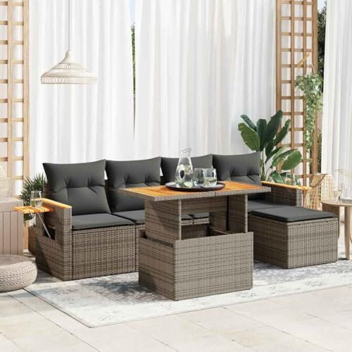 UJCHVHN Home Garden, 7-teiliges Gartensofa-Set mit Kissen, Polyrattan, Akazie, Grau