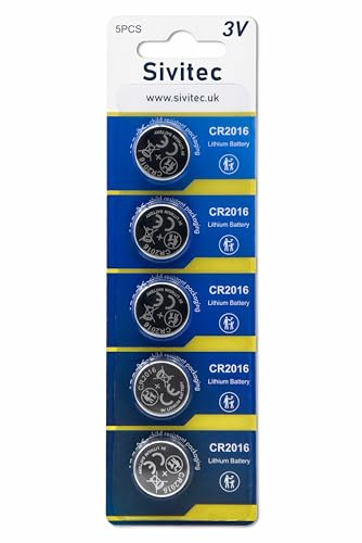 Sivitec 5 x CR2016 3V Lithium Coin Cell Batteries Child Resistant Pack 2016 for Watches, Remote Controls, Calculators and Electronics