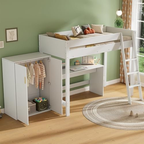 Billg Kinderbett Hochbett 90 x 200cm, Etagenbett mit Schreibtisch, Kleiderschrank und Leiter, Rausfallschutz, Lattenrost, Jugendbett, Einzelbett für Kinder, Jugend und Erwachsene, Ohne Matratze, Weiß