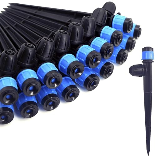 Wzzy Gurden 100 Pièces Goutteur Irrigation Réglable pour Tube 4/7 mm, 360 Degrés Micro Asperseur Goutte à Goutte avec Connecteur Barbelé & Piquet de Support, Goutteur D'irrigation Insertion