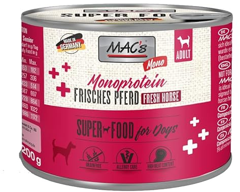 Mac's Dog 6 x 200g Mono Pferd | 99% Fleischanteil | Nassfutter für Hunde | Getreidefrei & für allergieempfindliche Hunde geeignet | In der Eifel hergestellt