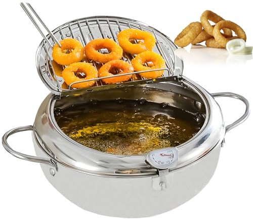 Mini Fritteuse 3,4L mit Thermometer,Japanischer Frittiertopf aus Edelstahl | Kleiner Deep Fryer Topf mit Abtropfsieb & Deckel, Induktionsgeeignet für Tempura, Pommes, Gesund Frittieren