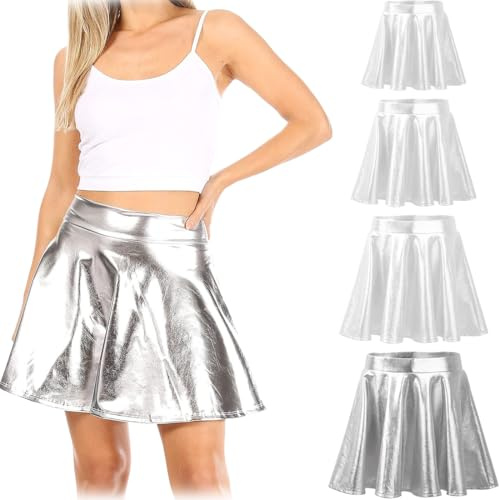 GGUFAY Falda con purpurina metálica líquida para mujer, falda plisada corta acampanada, minifalda metálica, falda de una línea, vestido de fiesta de cosplay, falda de carnaval (Plata-XL)
