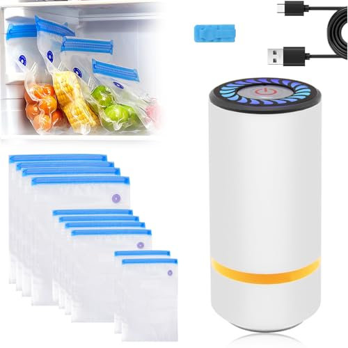 Pompa Sottovuoto Alimenti, Sigillatrice Automatica A Vuoto Pompa Portatile, Macchina Sigillatrice con 10 Sacchetti Riutilizzabili Per la Cottura Sottovuotos e la Conservazione Degli Alimenti (USB-C)