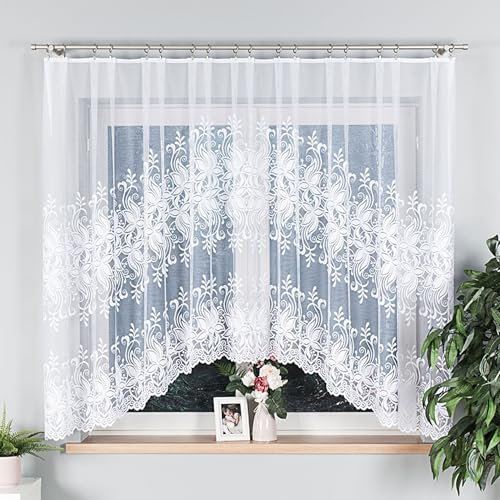Gardinen Vorhangen Weiß Jacquard 300x160 cm (BxH) Bonifacja Lambrequin Bogenstores Kurz Jacquard Scheibengardine Fertiggardine Küchengardinen Bogen Kurzstores