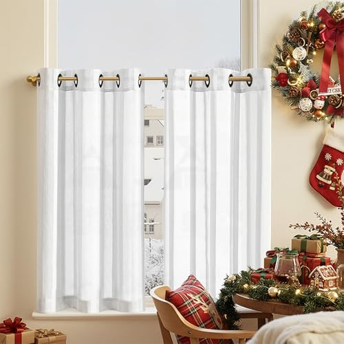 TOPICK Striped Net curtains for Kitchen Windows 36 Inch Drop, White Voile Curtain 2 panels with Eyelet for Living Room, Bathroom, Bedroom, Cupboard, Sheer Small Cafe Curtains & Drapes, W36 x L36 Inch