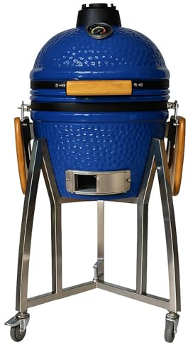 Barbacoa Kamado Grill japonesa de cerámica – Ø40 cm – Mesas de refuerzo plegables – Ruedas – Carbón vegetal – Termómetro integrado – Mango de madera – Color azul – Ideal para jardín, terraza, camping