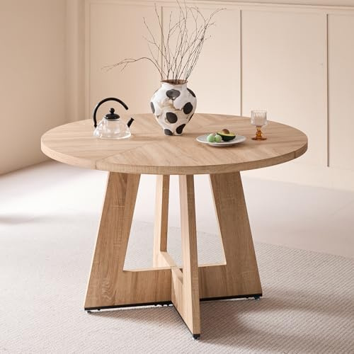 BenyLed Table de Salle à Manger Ronde (plateau en MDF) avec Pieds en Bois Massif ; Table de Cuisine Moderne pour Salle à Manger, Salon, Café, Bureau, etc., 120*120*76cm (Couleur Originale du Bois)