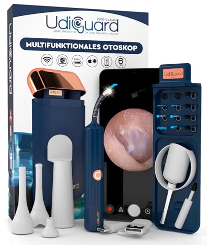 Otoscopio Limpiador de Oídos Cámara 10MP HD WiFi Endoscopio Digital Flexible UdiGuard Pro-Clean Eliminación de Cerumen - Kit Otorrinolaringología con Pinzas y Puntas Reemplazables para Adultos y Niños