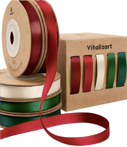 Vitalizart Jul satinband för hantverk 3/8 tum x 50 år (5 rullar x 10 år), dubbelsidiga röda och gröna tygband för presentförpackning, rosetter, brudbukett, festdekorationer
