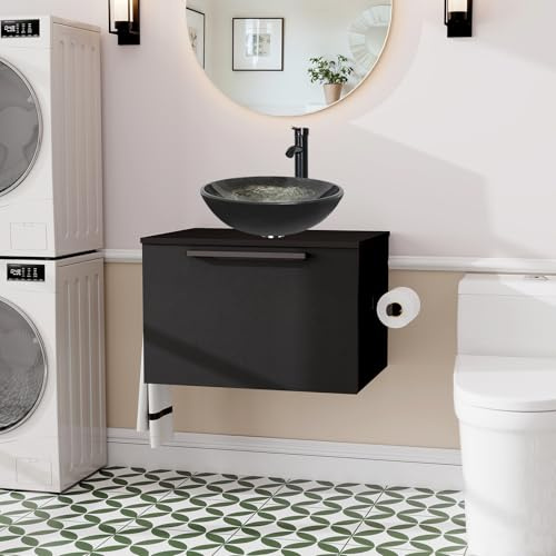 ZealWe Badmöbel-Set Waschtisch mit Unterschrank 60cm, Waschbeckenunterschrank mit Rund Waschbecken, Badezimmermöbel Matt Schwarz Badezimmerschrank Hängend, 2-teilig für kleine Bäder Gäste WC, Blaugrün